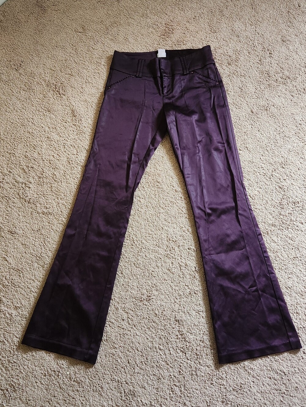 Vtg Y2K Cache Plum Satin Flare Stretch Pant Mid Rise Rhinestone Sexy 90s US 4